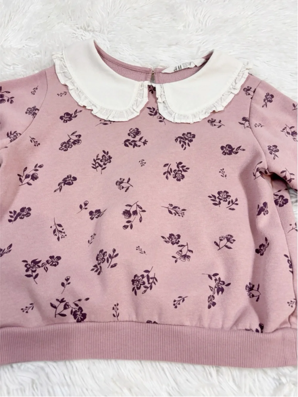 HM Girls Pink Floral Sweater sweatshirt with White Peter Pan Collar long sleeve